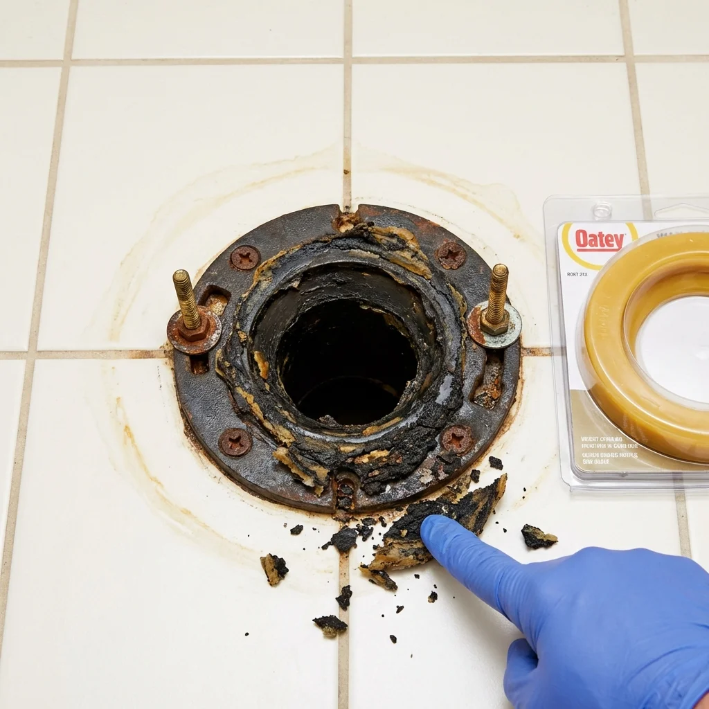 Failed wax ring showing water seepage at the base of a toilet in a Wrightsville, GA home