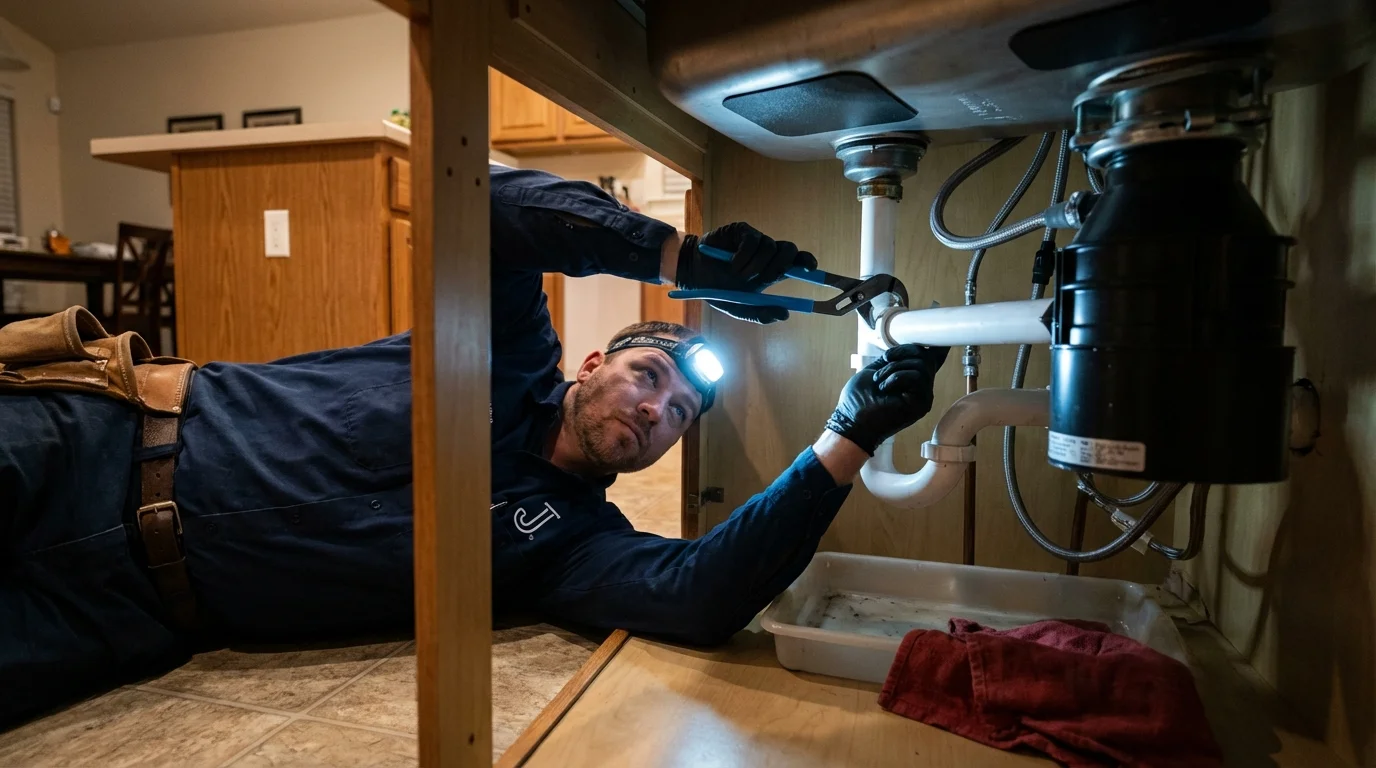 P-trap and supply line connections under a kitchen sink showing a common leak point in Wrightsville, GA